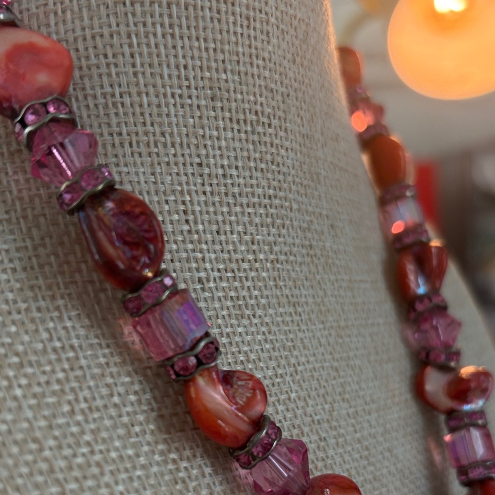 Elegant Pink and Orange Stone Floral Necklace 9” - Picture 5 of 9